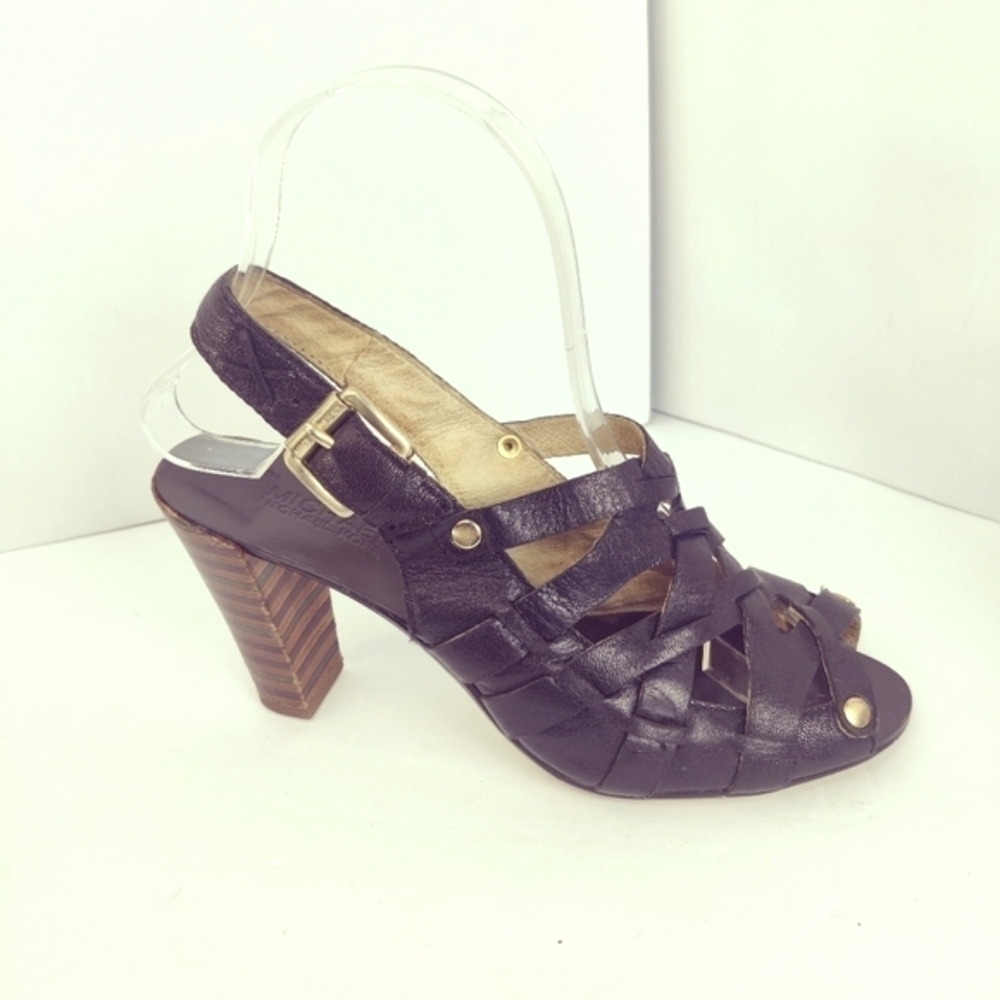 Michael Kors Strappy Slingback Peep Toe Heels Black Leather Sz 6.5 - Picture 5 of 9